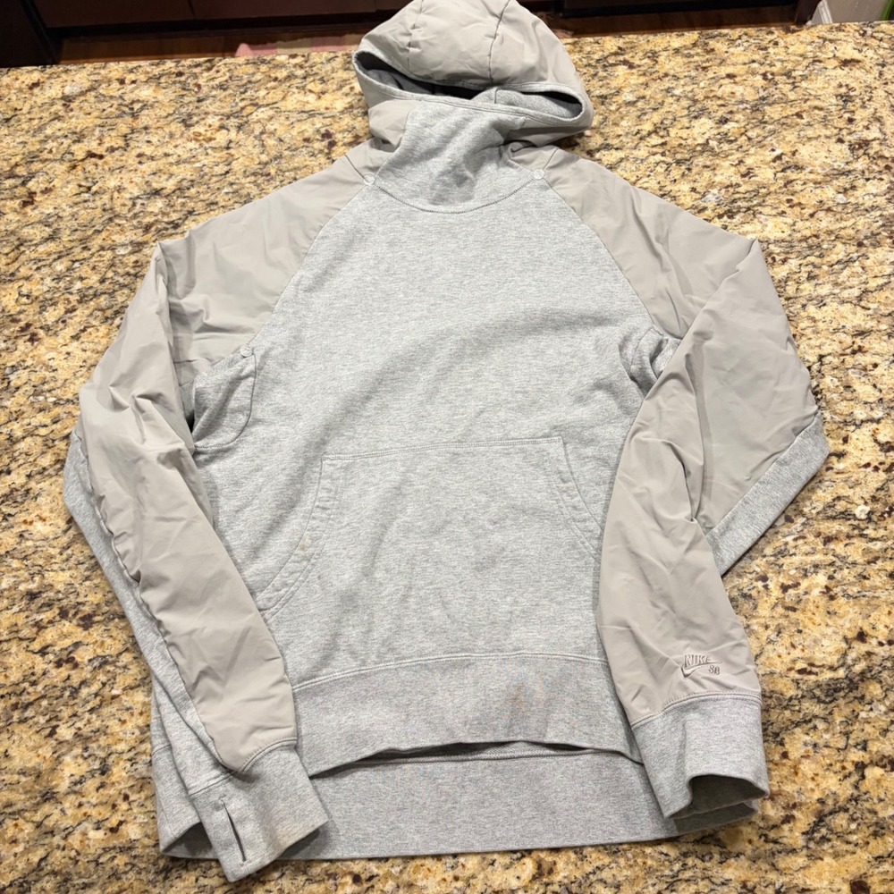 Nike SB Mens Grey Mixed Media Pullover Hoodie Thumbholes Large